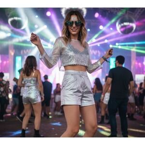 Piombo Silver Metallic High-Waist Dressy Shorts US 10 Disco Glam Club Party NWT